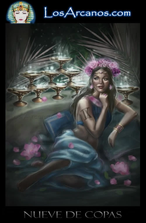 Nine of Cups (Nueve de Copas) card from the Los Arcanos Tarot deck