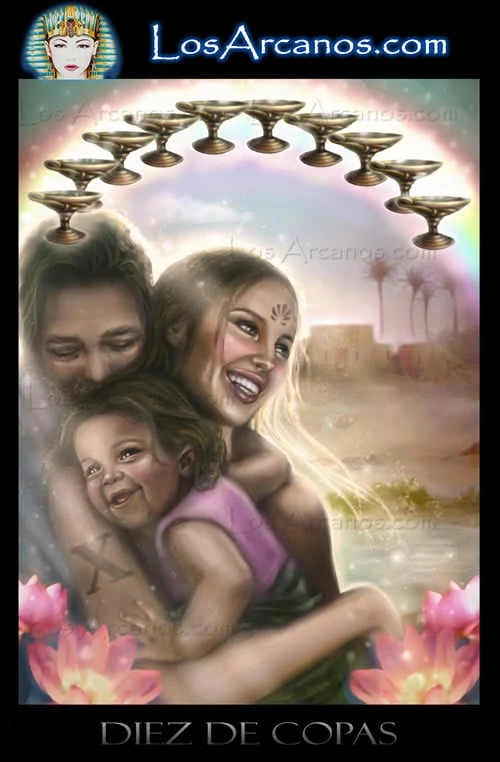 Ten of Cups (Diez de Copas) card from the Los Arcanos Tarot deck
