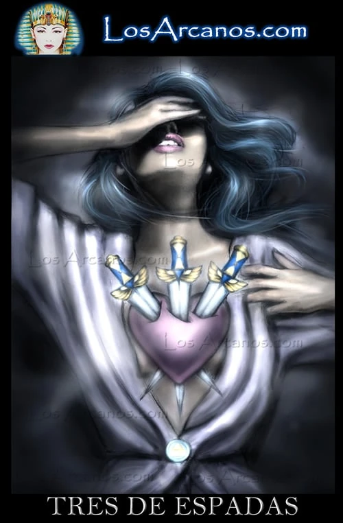 Three of Swords (Tres de Espadas) card from the Los Arcanos Tarot deck