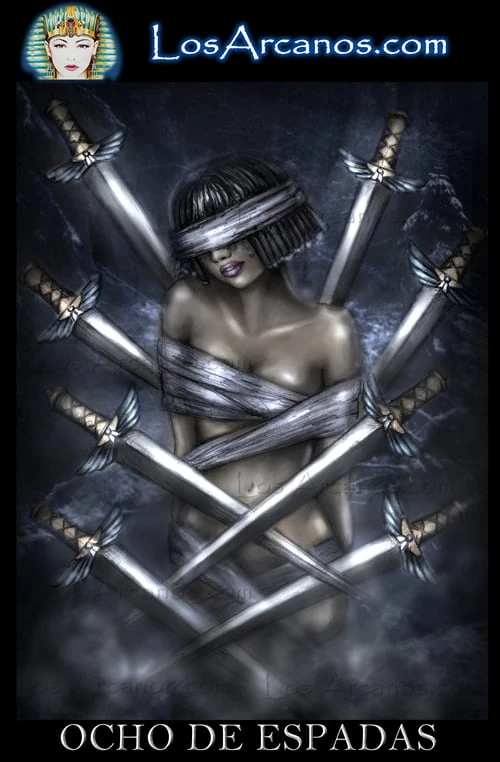 Eight of Swords (Ocho de Espadas) card from the Los Arcanos Tarot deck
