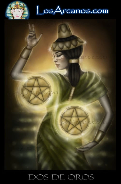 Two of Pentacles (Dos de Oros) card from the Los Arcanos Tarot deck