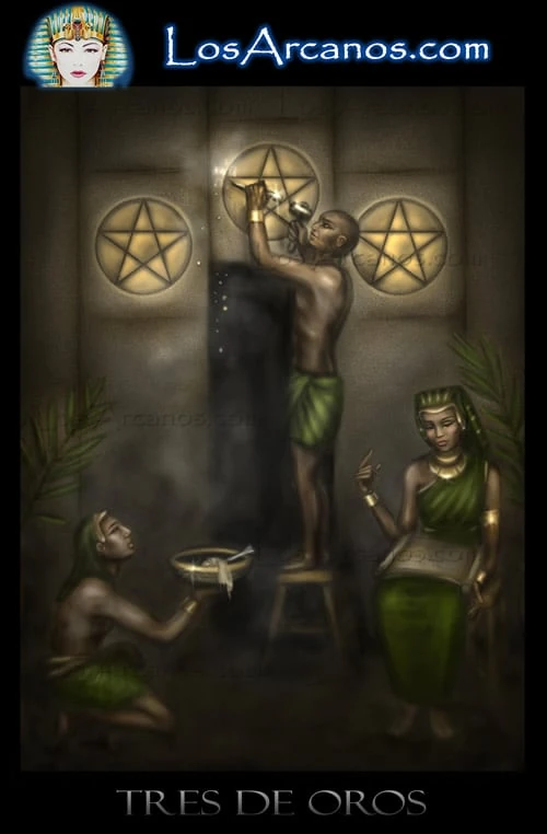 Three of Pentacles (Tres de Oros) card from the Los Arcanos Tarot deck