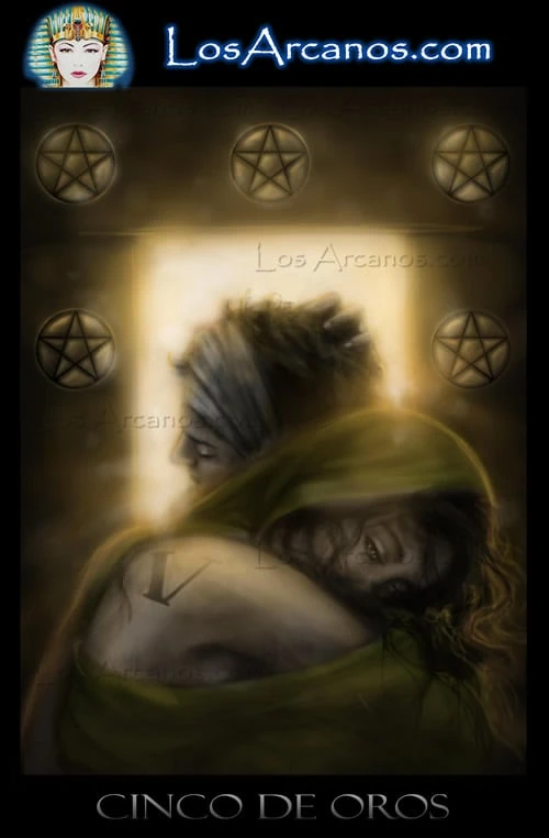 Five of Pentacles (Cinco de Oros) card from the Los Arcanos Tarot deck