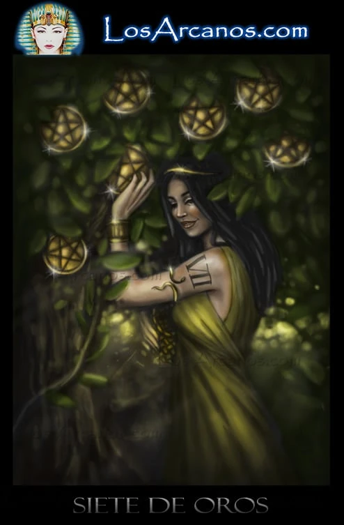 Seven of Pentacles (Siete de Oros) card from the Los Arcanos Tarot deck