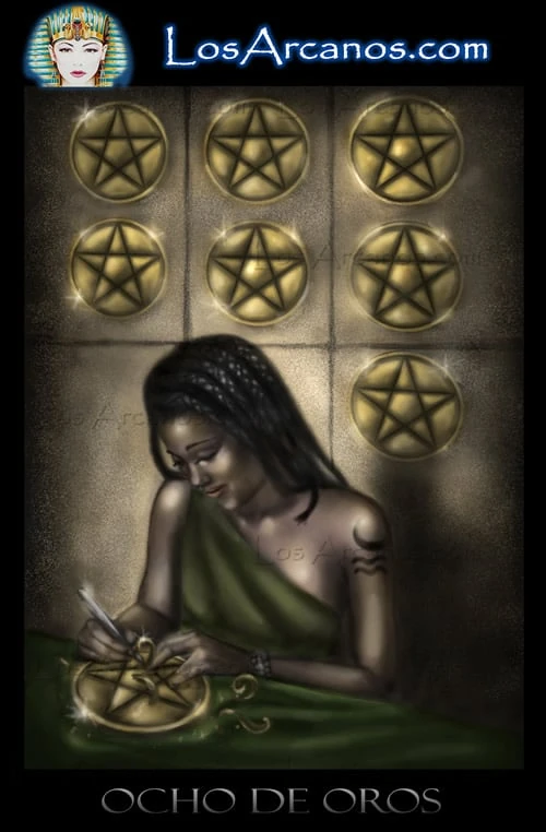 Eight of Pentacles (Ocho de Oros) card from the Los Arcanos Tarot deck