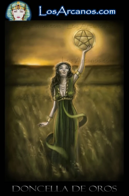 Page of Pentacles (Doncella de Oros) card from the Los Arcanos Tarot deck