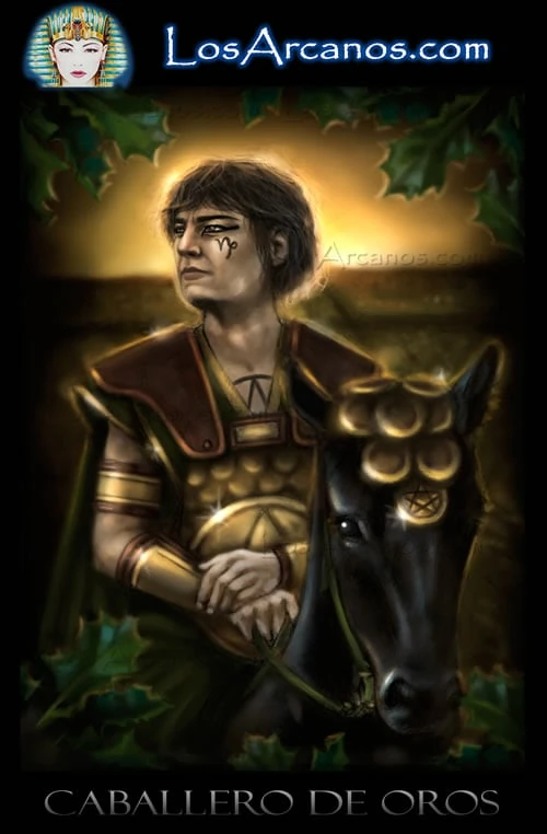 Knight of Pentacles (Caballero de Oros) card from the Los Arcanos Tarot deck
