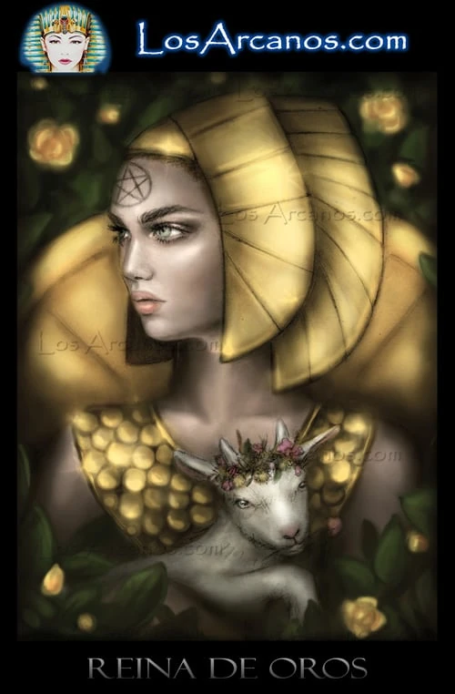 Queen of Pentacles (Reina de Oros) card from the Los Arcanos Tarot deck