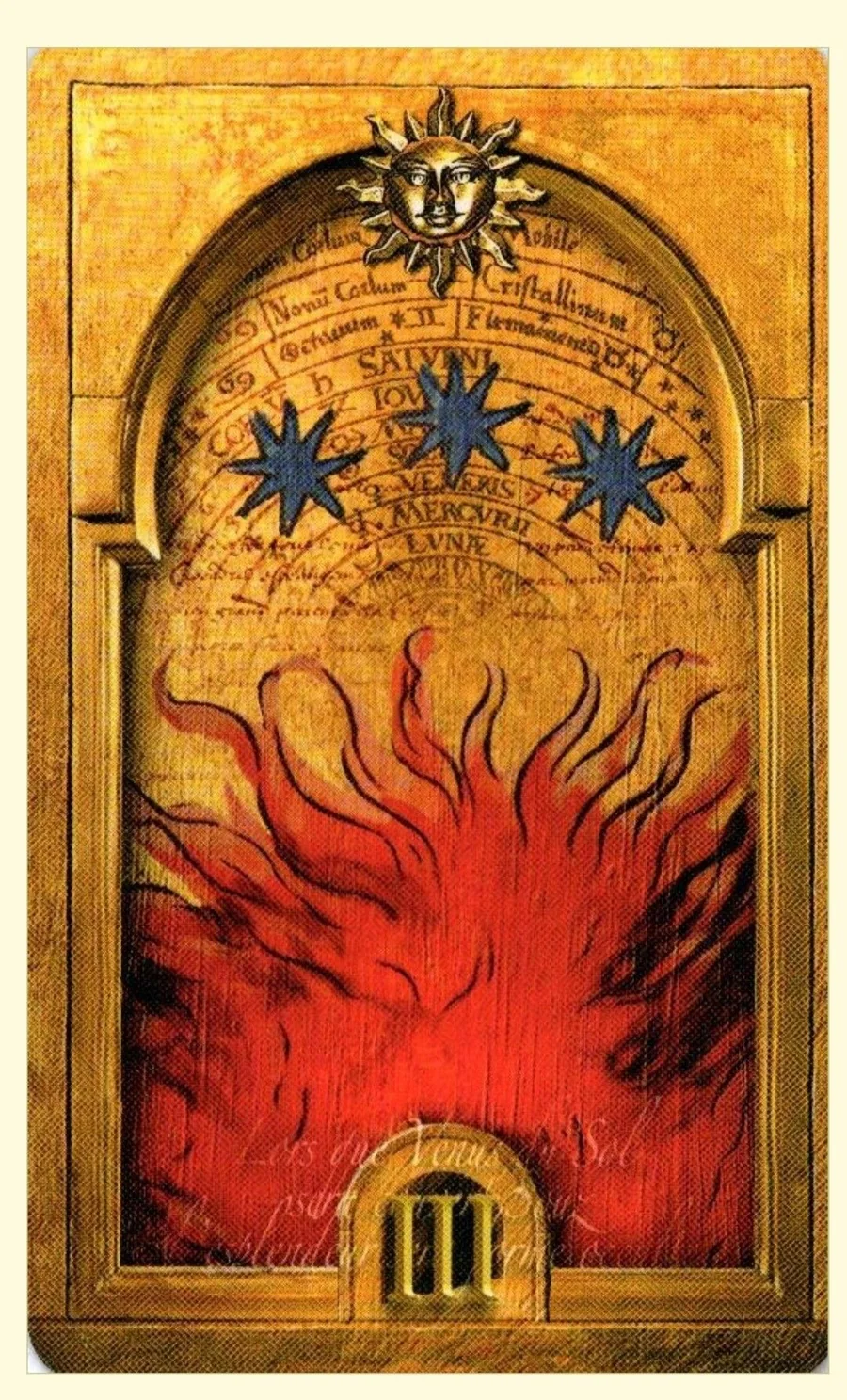 Three of Suns card from the Lost Tarot of Nostradamus deck