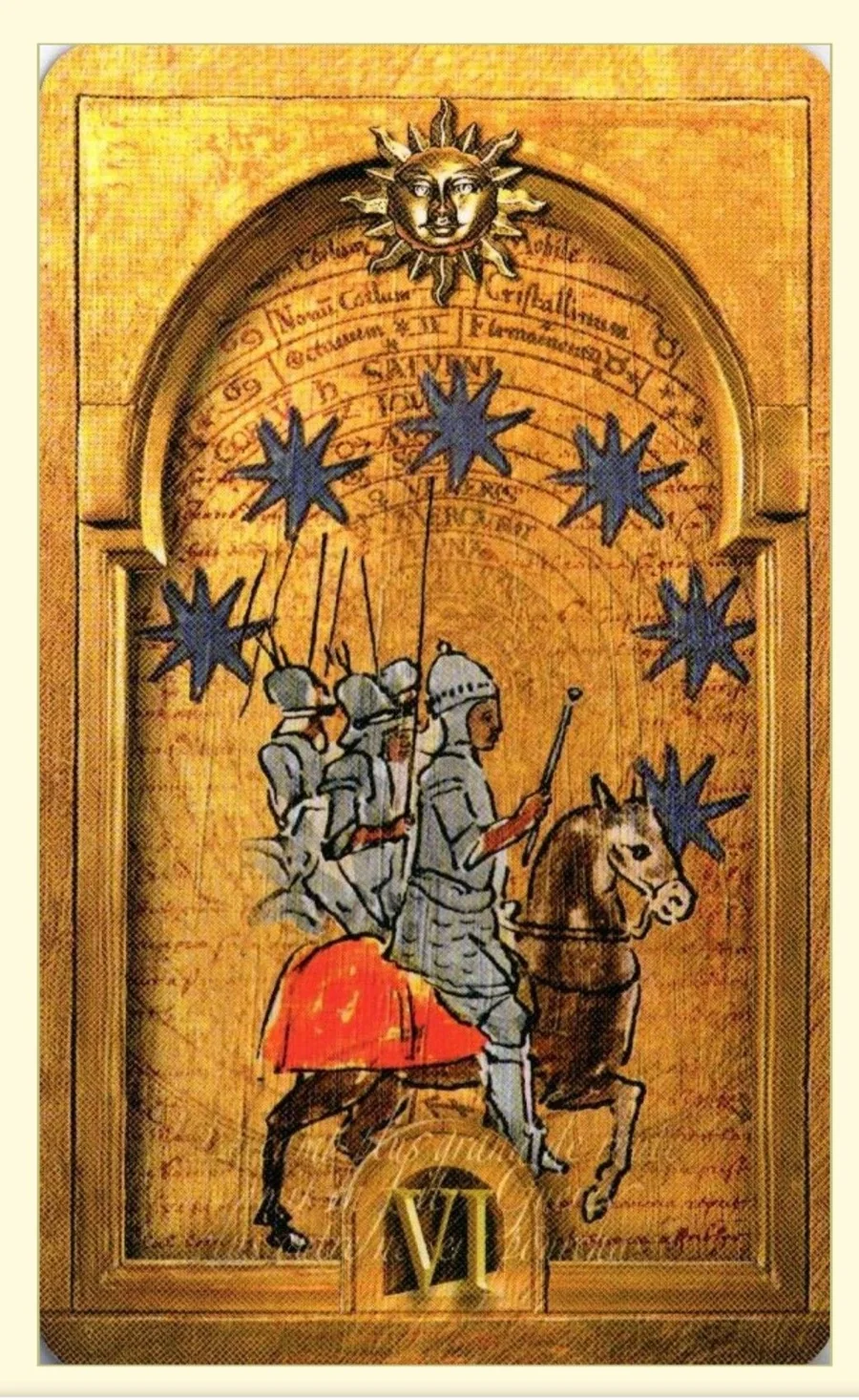 Six of Suns card from the Lost Tarot of Nostradamus deck