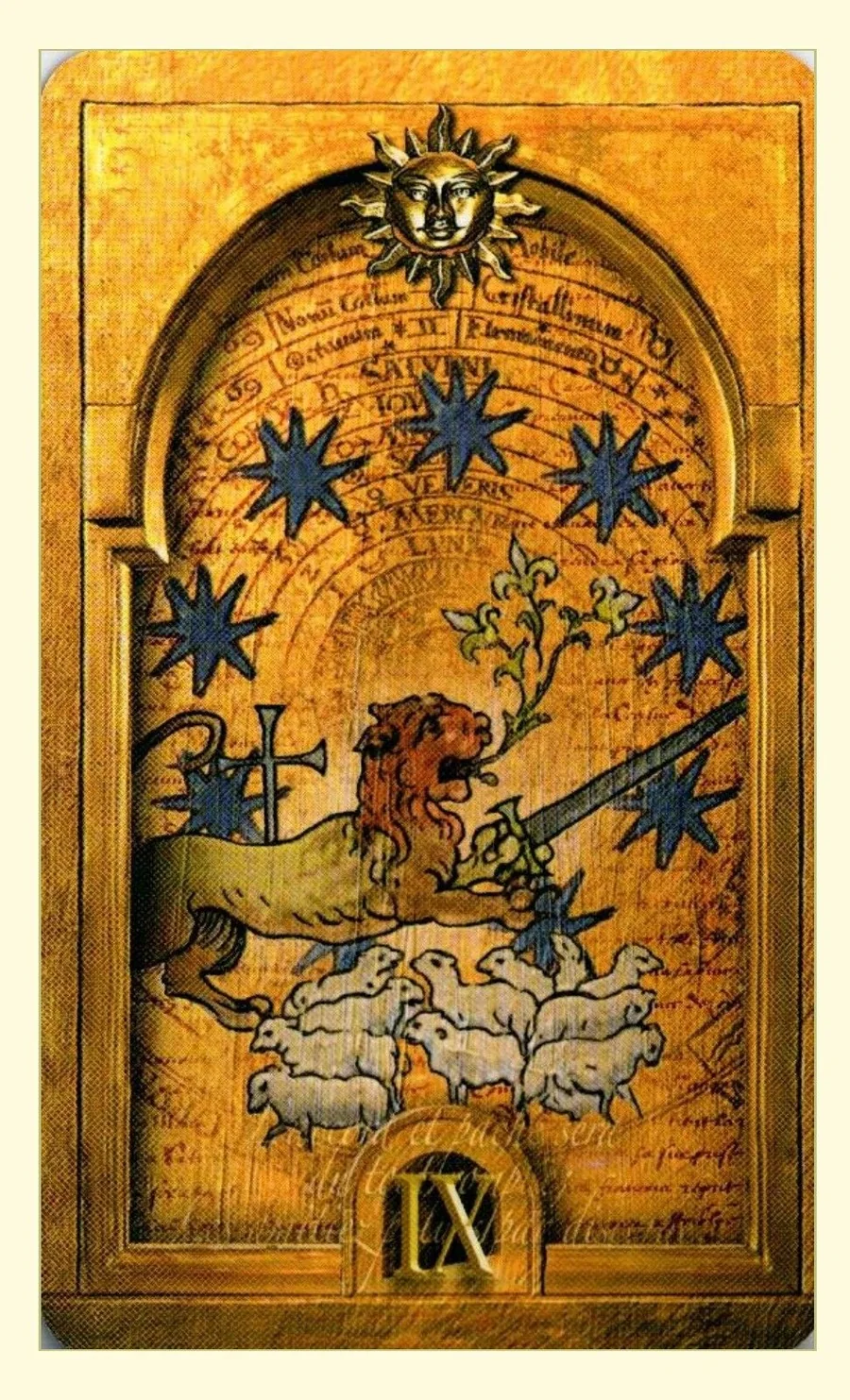 Nine of Suns card from the Lost Tarot of Nostradamus deck