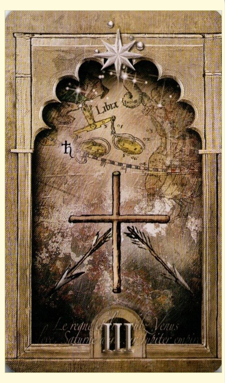 Three of Stars card from the Lost Tarot of Nostradamus deck