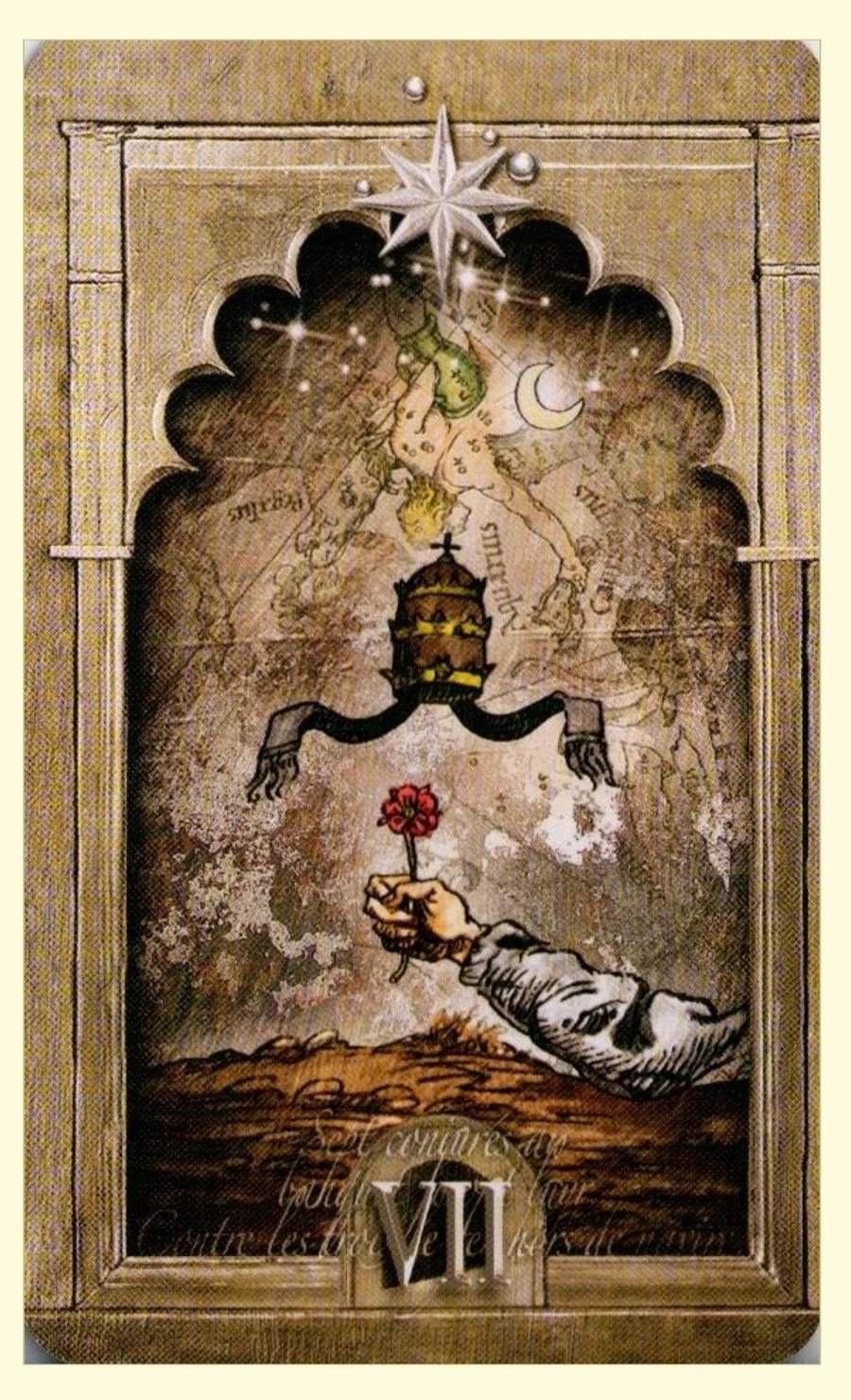 Seven of Stars card from the Lost Tarot of Nostradamus deck
