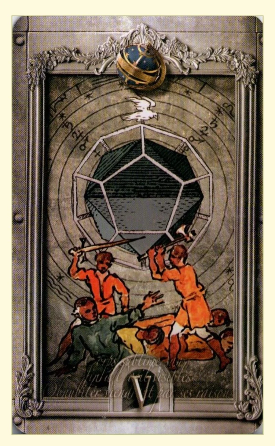 Five of Spheres card from the Lost Tarot of Nostradamus deck