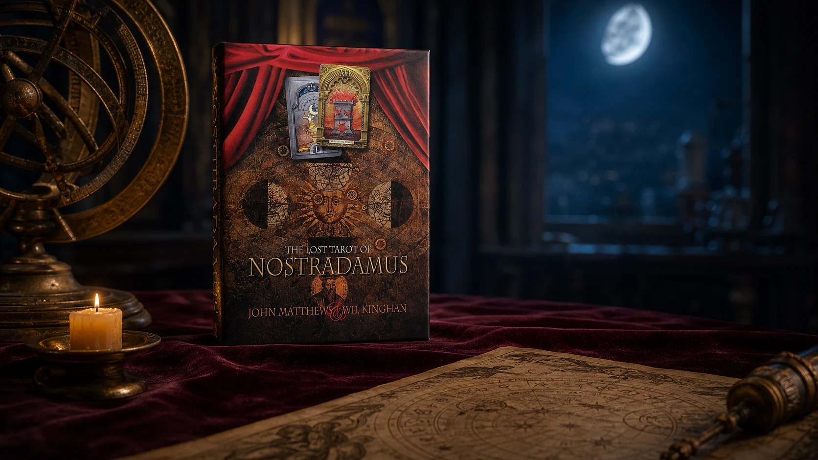 Lost Tarot of Nostradamus Tarot Review 16 The Lost Tarot of Nostradamus beside an astrolabe, candle, and star chart on plum velvet
