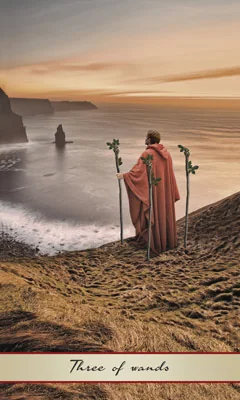 Three of Wands card from the Lotus Tarot deck