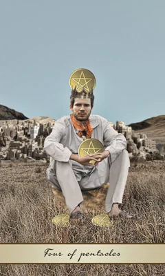 Four of Pentacles card from the Lotus Tarot deck