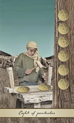 Eight of Pentacles card from the Lotus Tarot deck