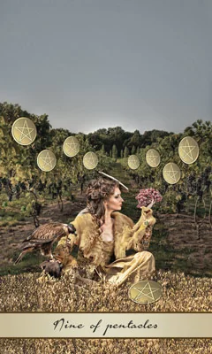 Nine of Pentacles card from the Lotus Tarot deck