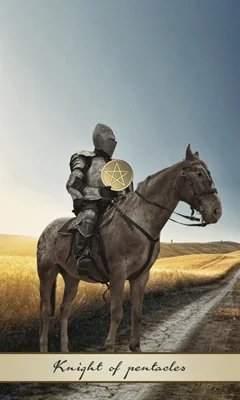 Knight of Pentacles card from the Lotus Tarot deck