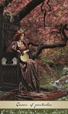 Queen of Pentacles card from the Lotus Tarot deck