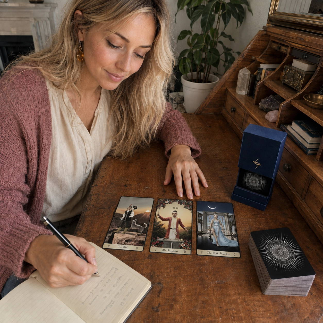Aurica journaling beside The Fool, The Magician and The High Priestess from Lotus Tarot, with the deck box and stacked cards