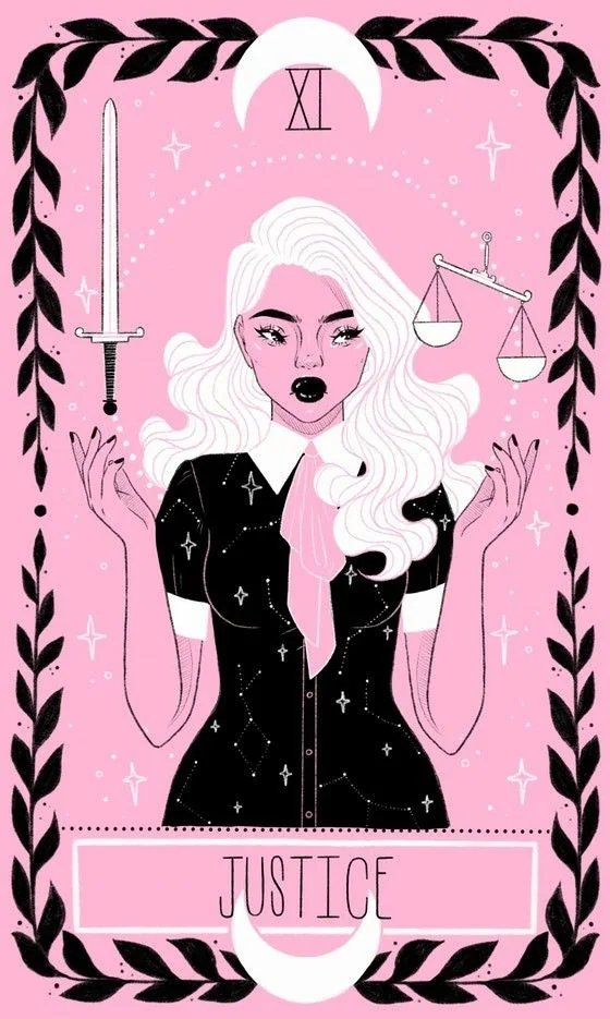 Justice card from the Lovely Omens Tarot deck