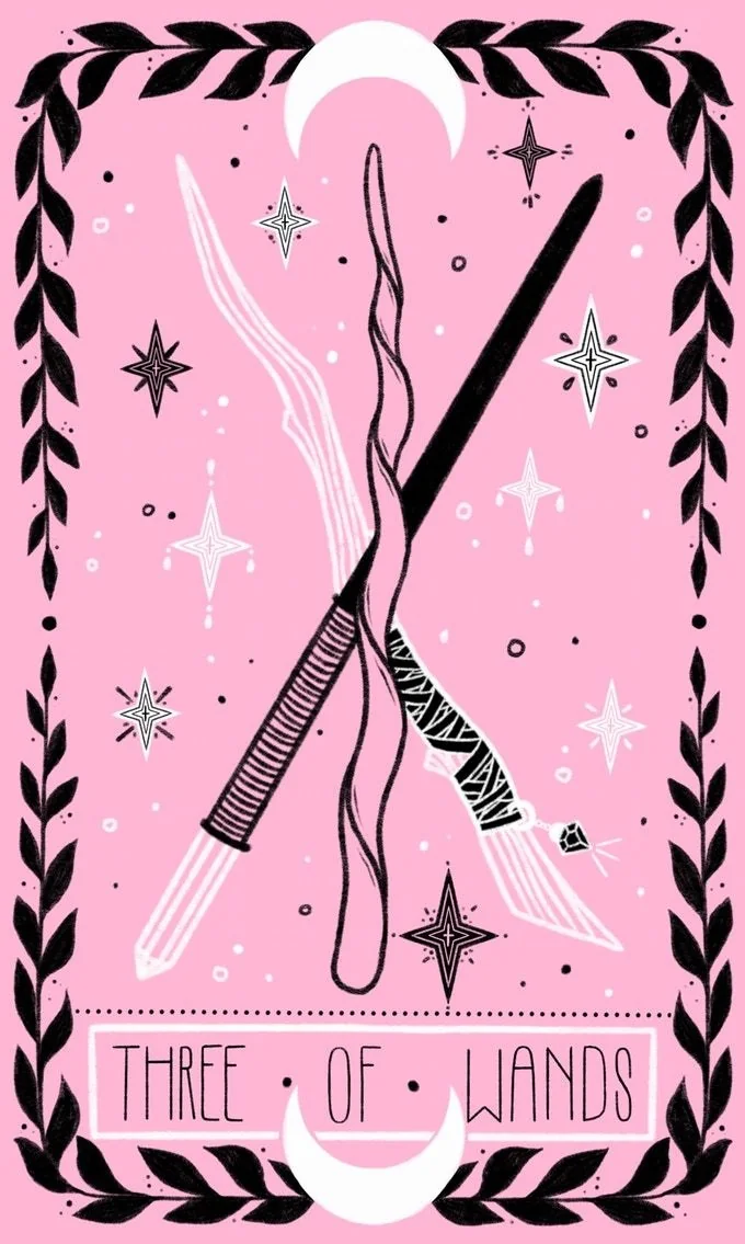 3 of Wands card from the Lovely Omens Tarot deck