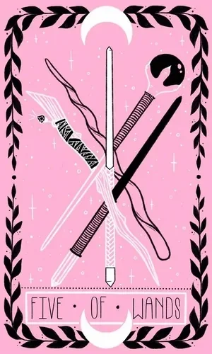 5 of Wands card from the Lovely Omens Tarot deck