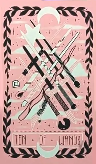 10 of Wands card from the Lovely Omens Tarot deck