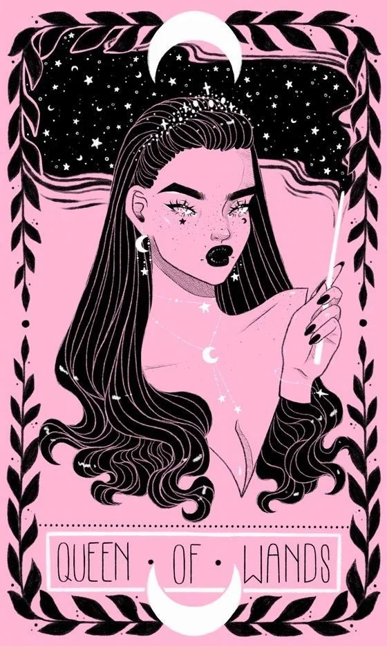 Queen of Wands card from the Lovely Omens Tarot deck