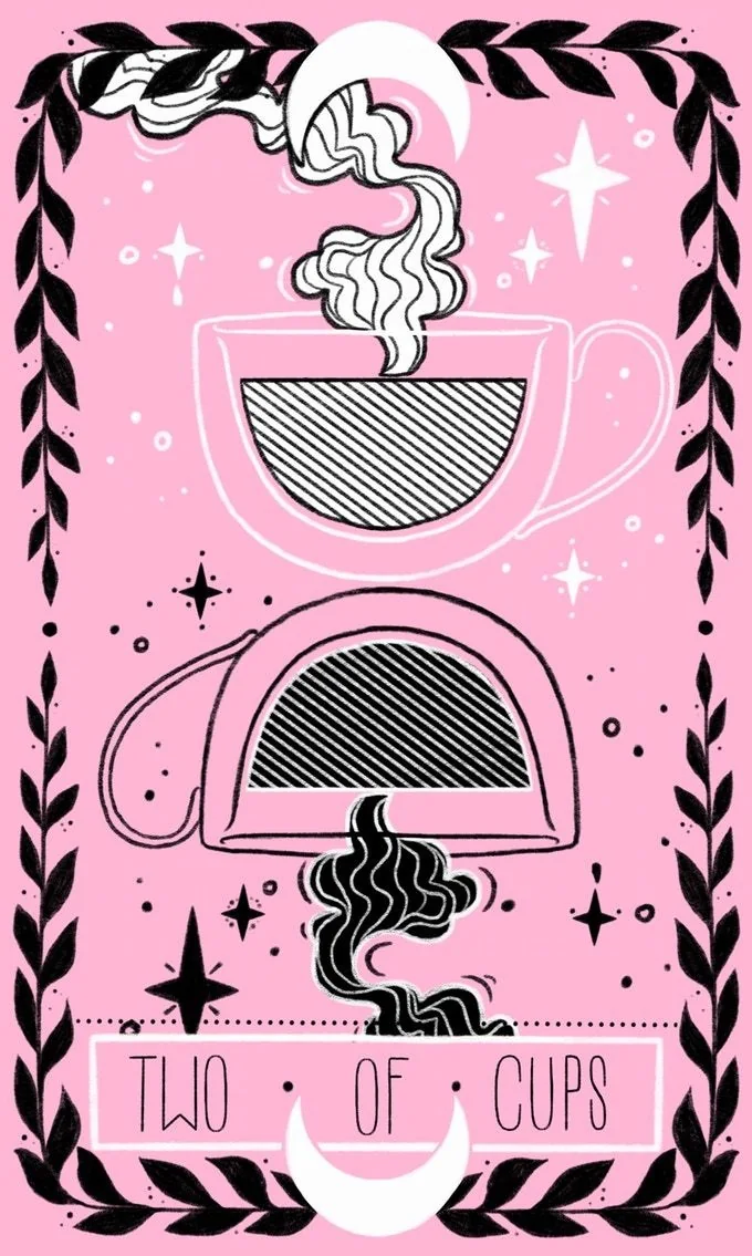 2 of Cups card from the Lovely Omens Tarot deck