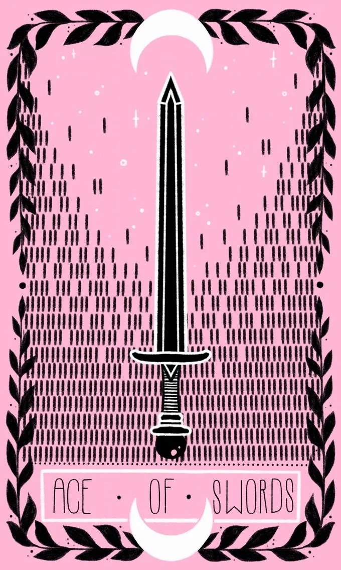 Ace of Swords card from the Lovely Omens Tarot deck