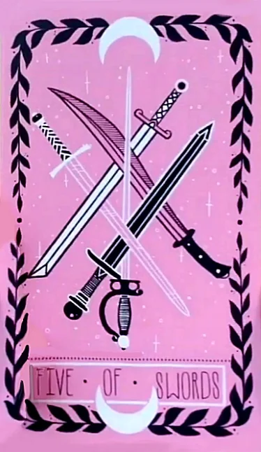 5 of Swords card from the Lovely Omens Tarot deck