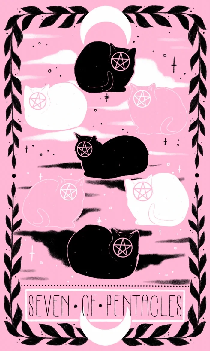 7 of Pentacles card from the Lovely Omens Tarot deck