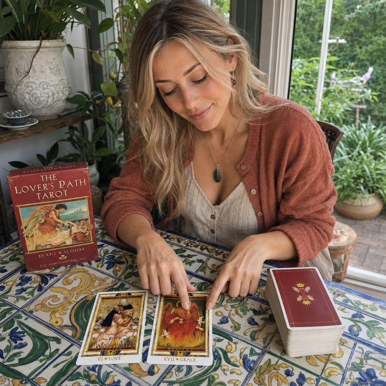 Aurica reading Love and Grace from The Lover’s Path Tarot beside the deck box and stacked cards