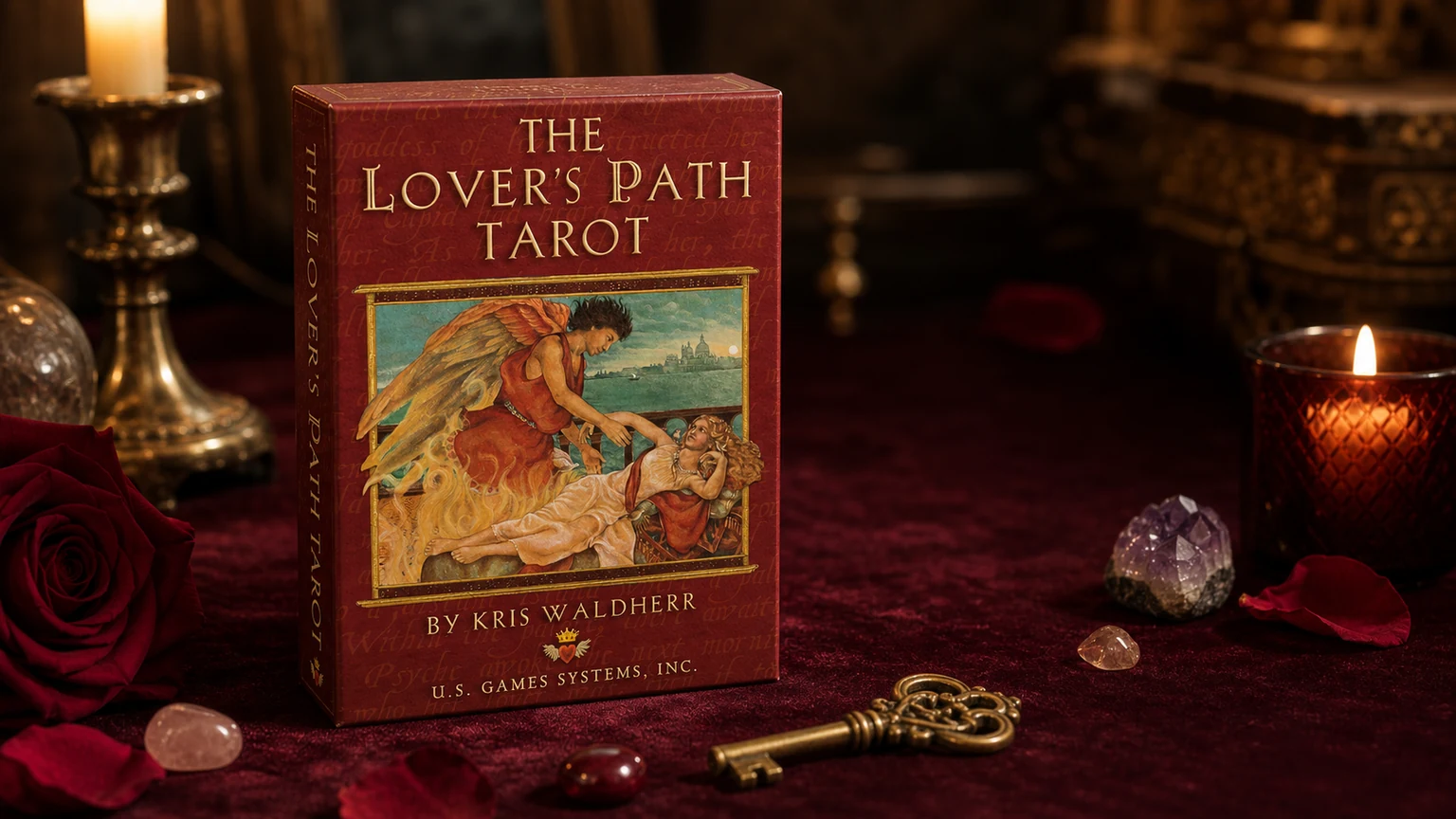 The Lover’s Path Tarot Deck by Kris Waldherr The Lover’s Path Tarot Deck by Kris Waldherr in a burgundy reading-table scene