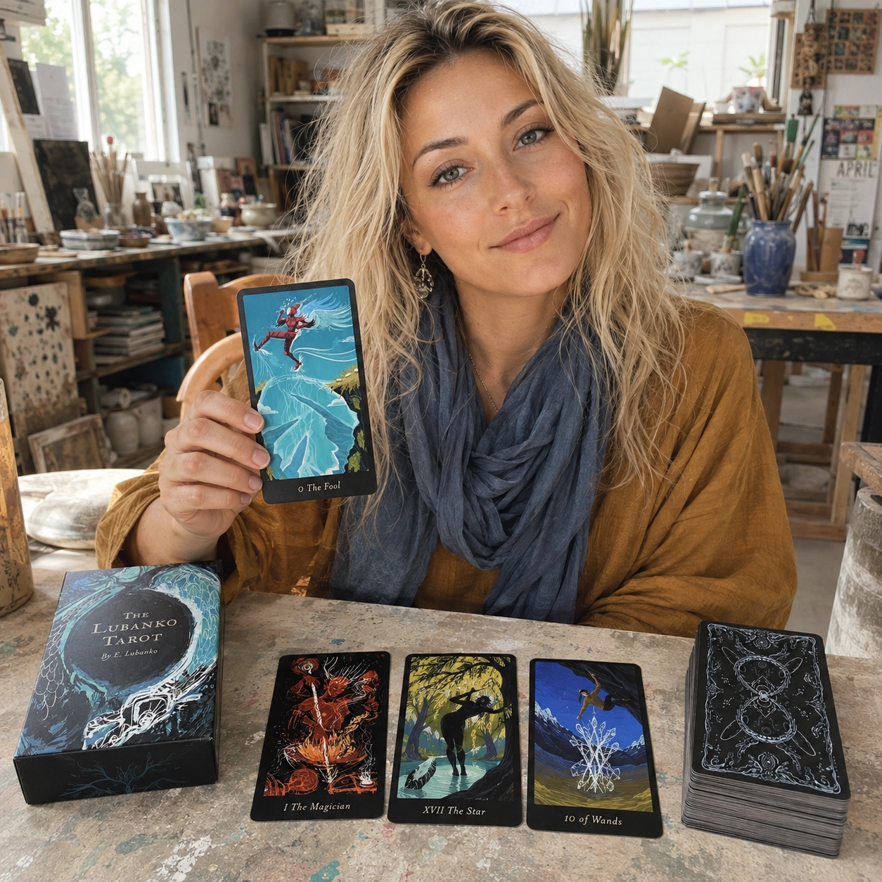 Aurica presenting The Fool from The Lubanko Tarot beside The Magician, The Star, Ten of Wands, the deck box and stacked cards