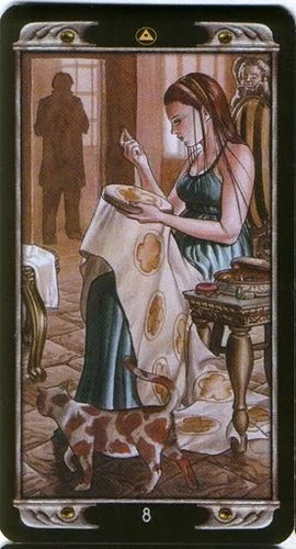 8 of Pentacles card from the Ludy Lescot Tarot deck