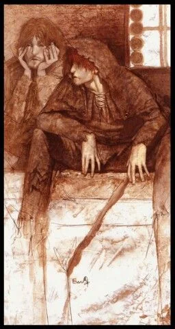 Five of Pentacles card from the Lunatic Tarot deck