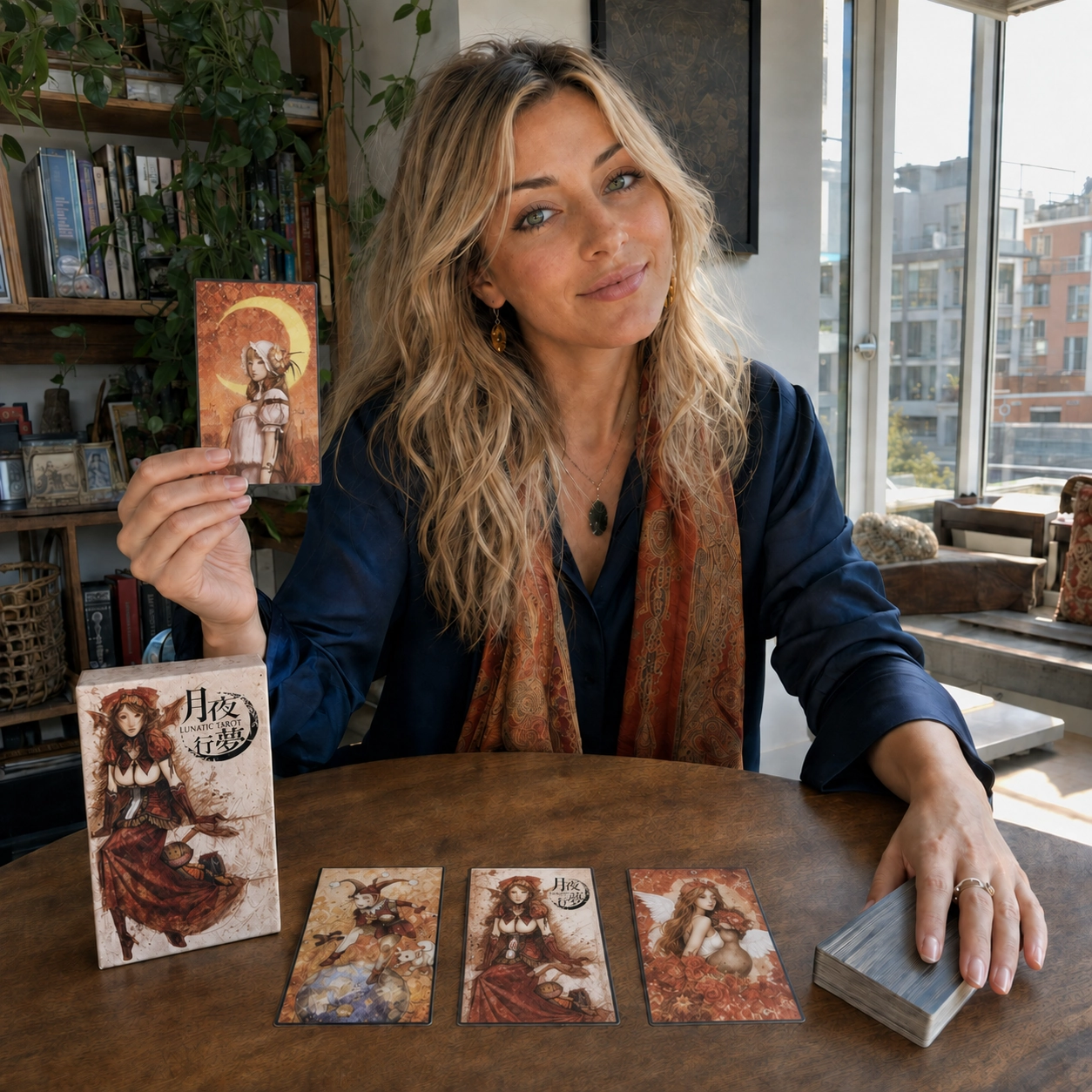 Aurica reading Lunatic Tarot by Evan Yi Feng, holding The Moon beside the deck box, a three-card spread and stacked deck