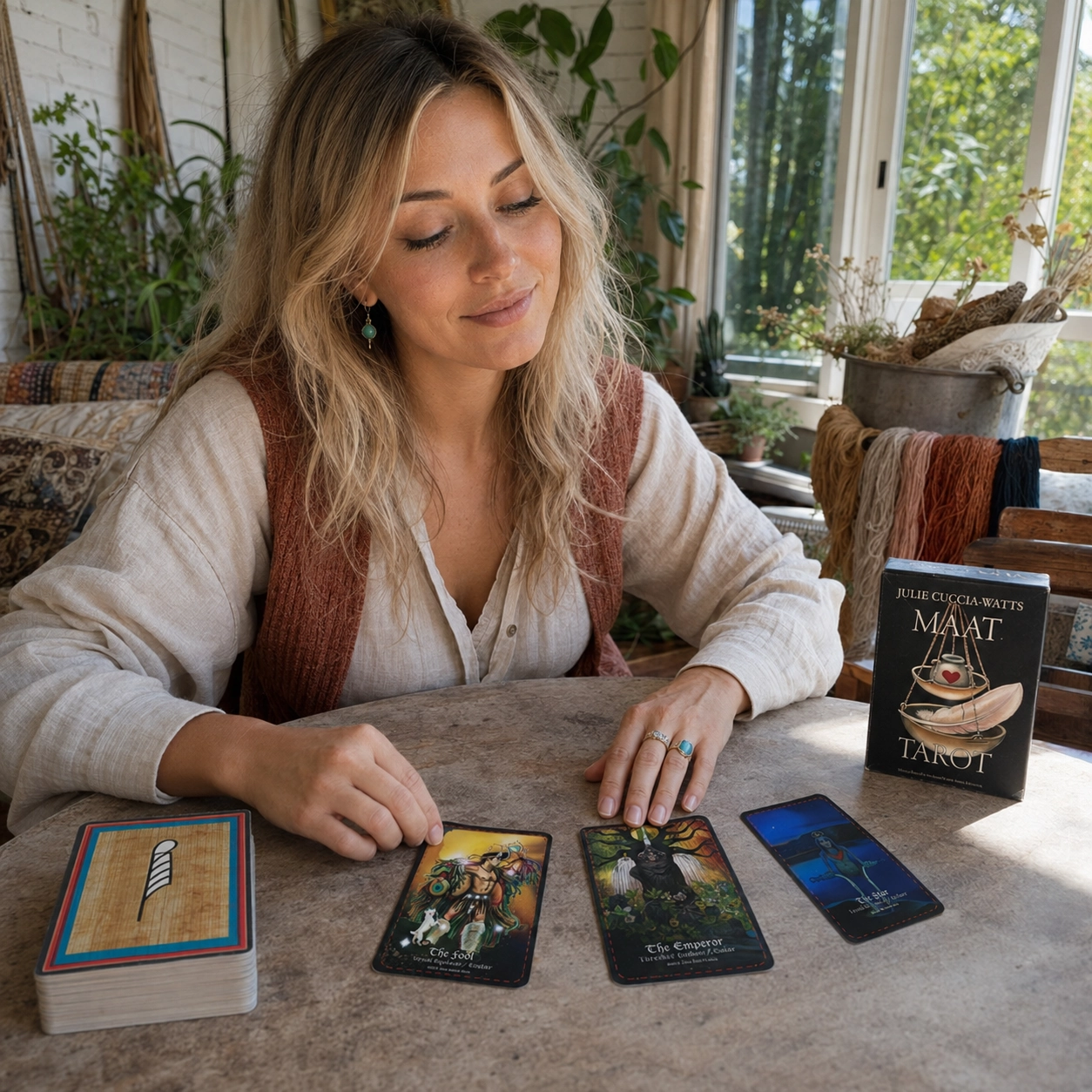 Aurica arranging the Fool, Emperor, and Star from Maat Tarot beside its box and stacked deck