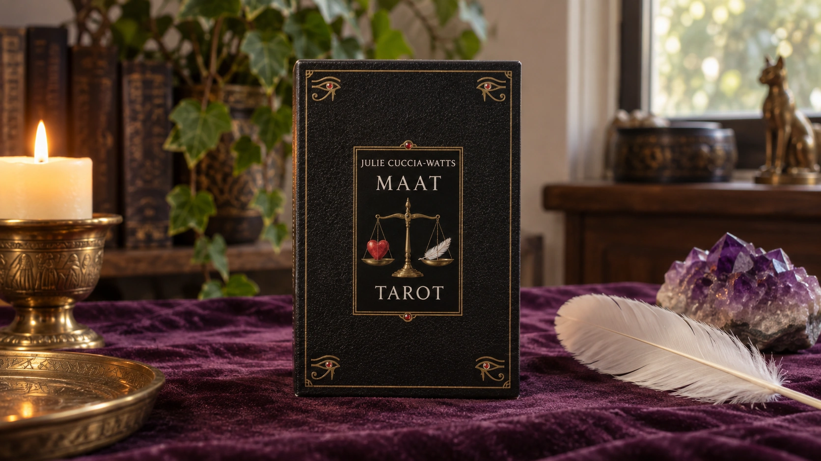 Maat Tarot Deck by Julie Cuccia-Watts in a generated warm home reading scene