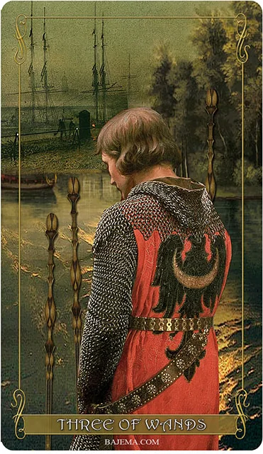 Three of Wands card from the Madam Lydia Wilhelmina’s Tarot deck