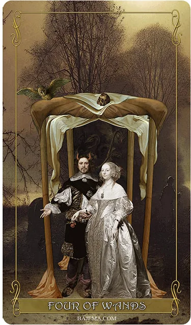 Four of Wands card from the Madam Lydia Wilhelmina’s Tarot deck
