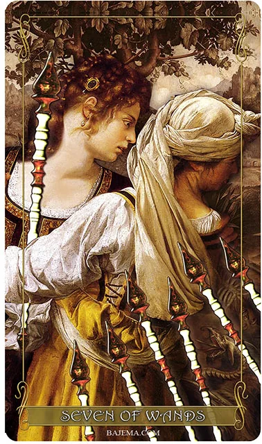 Seven of Wands card from the Madam Lydia Wilhelmina’s Tarot deck