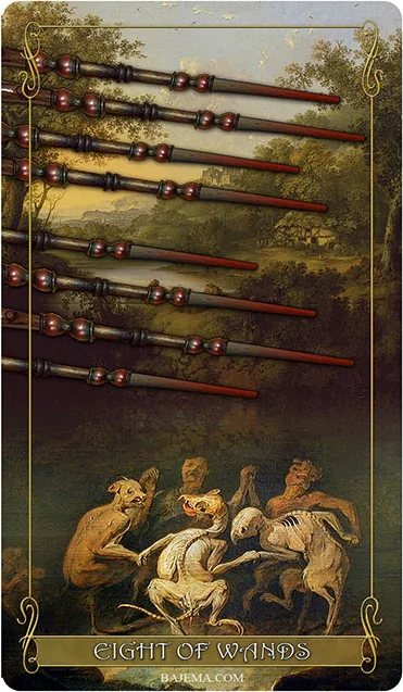 Eight of Wands card from the Madam Lydia Wilhelmina’s Tarot deck