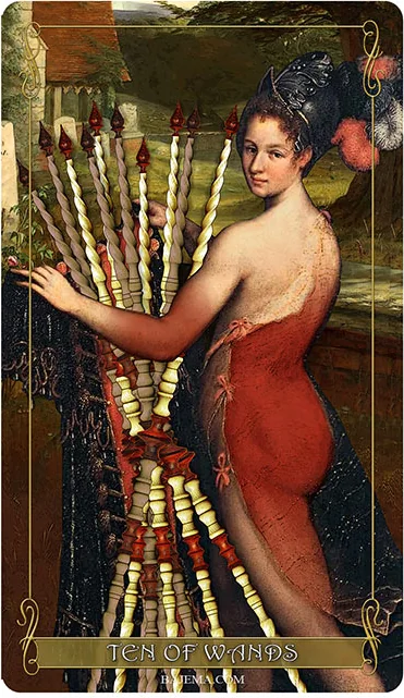 Ten of Wands card from the Madam Lydia Wilhelmina’s Tarot deck
