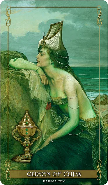 Madam Lydia Wilhelmina’s Tarot Review 9 Queen of Cups card from the Madam Lydia Wilhelmina’s Tarot deck