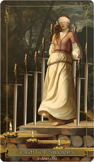 Madam Lydia Wilhelmina’s Tarot Review 13 Eight of Swords card from the Madam Lydia Wilhelmina’s Tarot deck